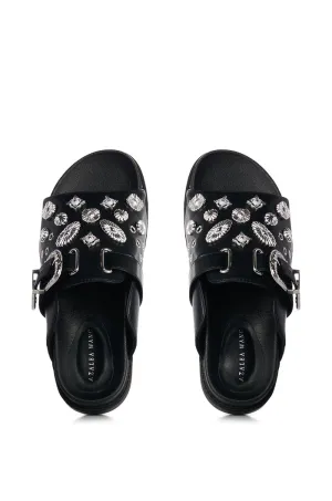 AZALEA WANG CASSANDRA BLACK SILVER CHARM SLIDE ON SANDAL