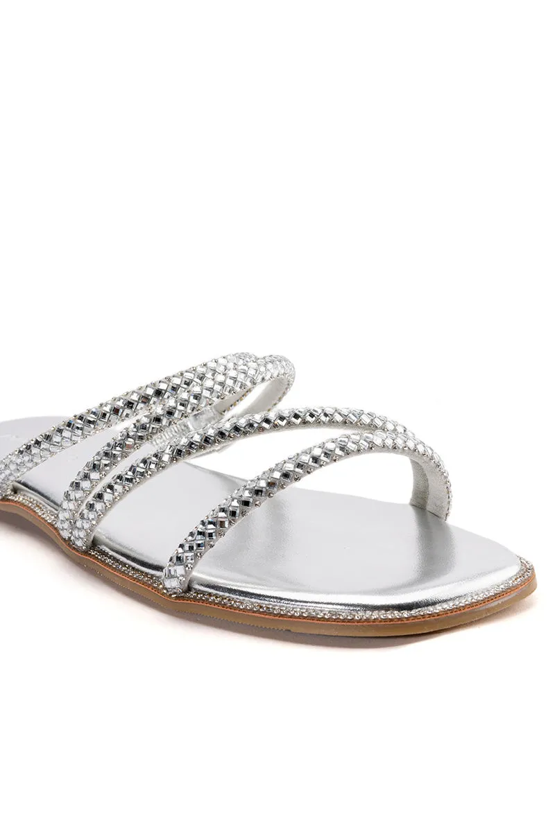 AZALEA WANG LEANDRA EMBELLISHED SLIP ON FLAT SANDAL IN SILVER