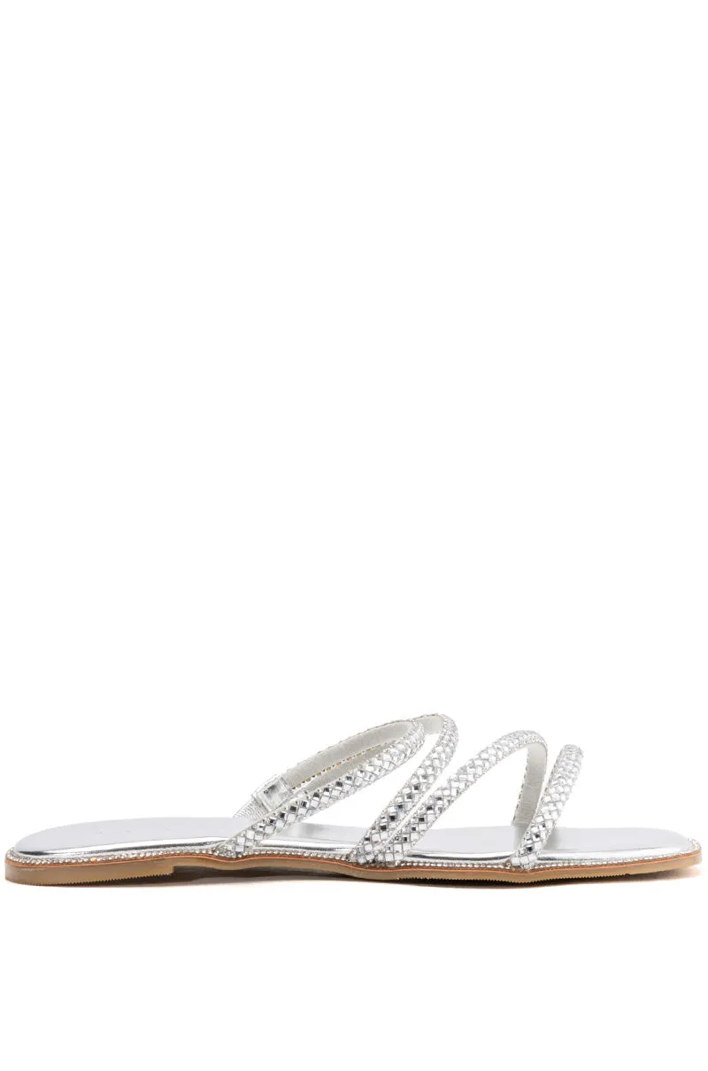 AZALEA WANG LEANDRA EMBELLISHED SLIP ON FLAT SANDAL IN SILVER