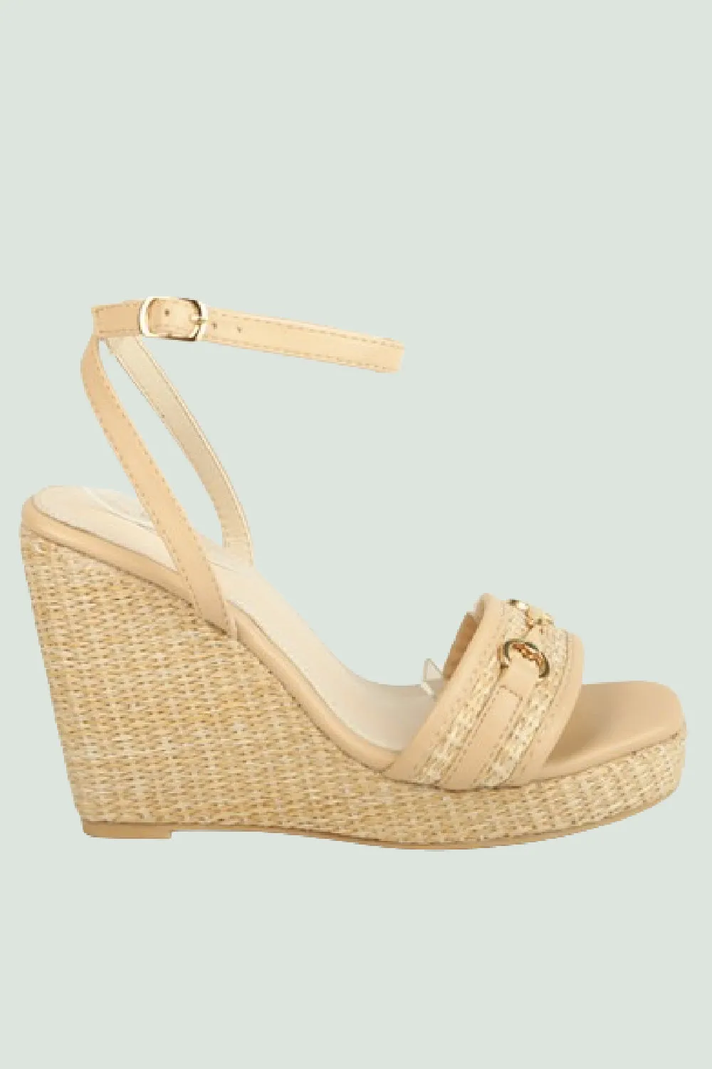 BEIGE BASKET WEAVE WEDGE SANDALS WITH TRIM BUCKLE DETAIL