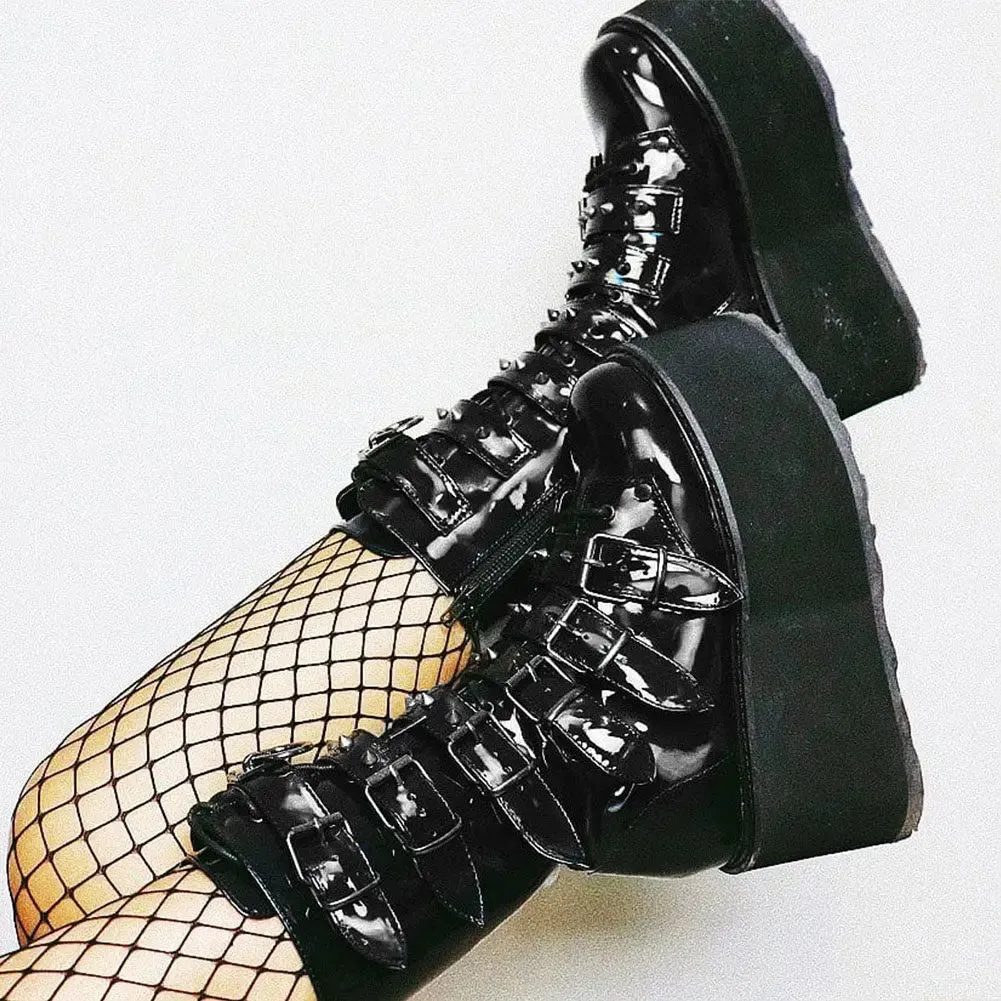 binfenxie  Brand New High Chunky Heeled Women Boots Mid-calf Knee High Motorcycle Platform Buckle Chain Lace-up Gothic Booties