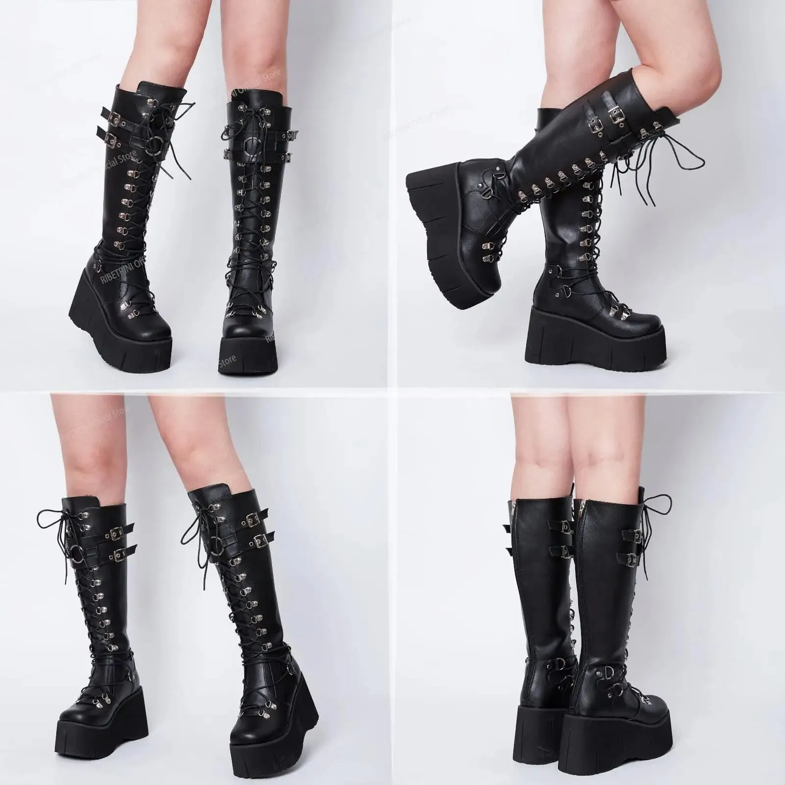 binfenxie  Brand New High Chunky Heeled Women Boots Mid-calf Knee High Motorcycle Platform Buckle Chain Lace-up Gothic Booties