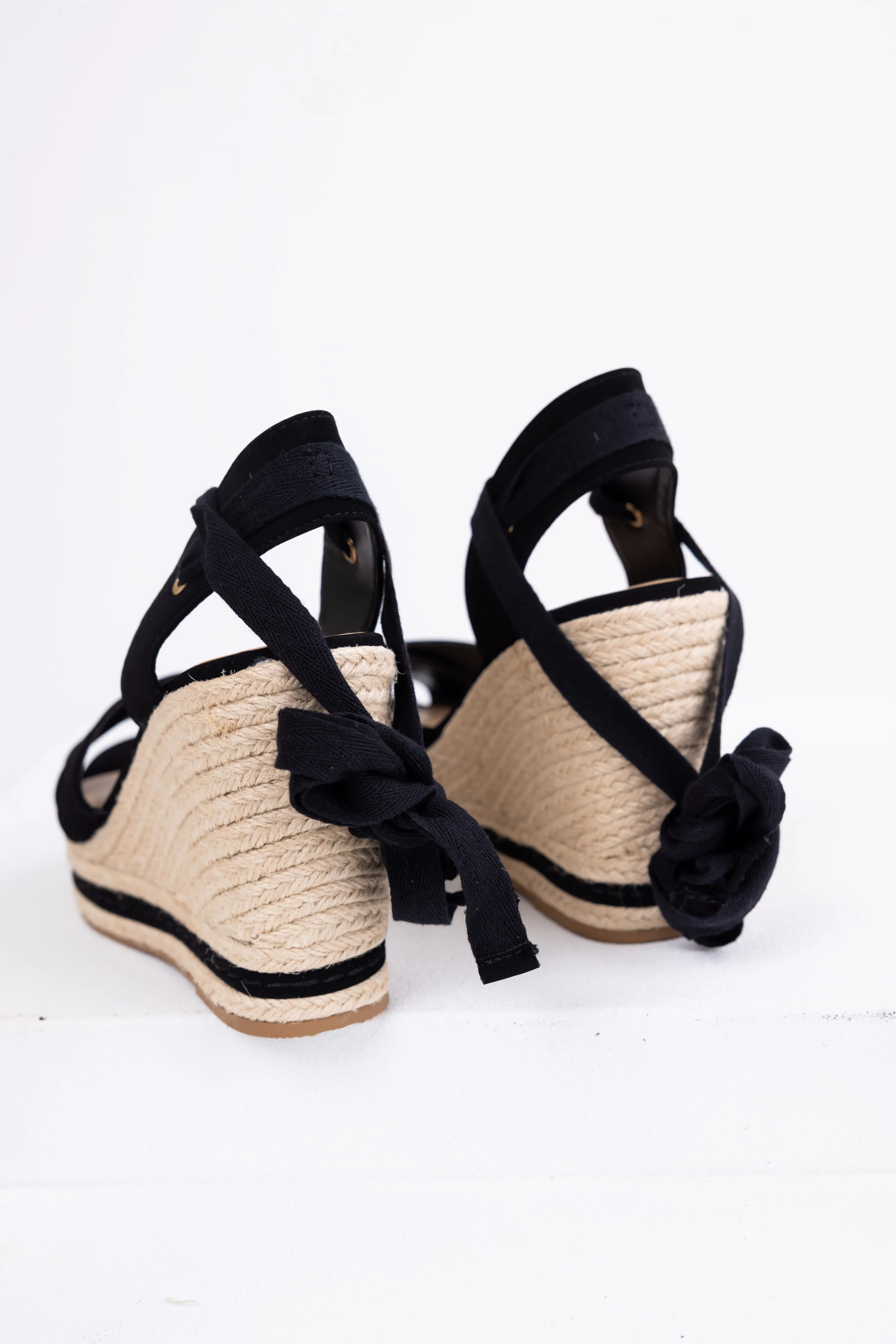 Black Cross Strap Lace Up Espadrille Wedges