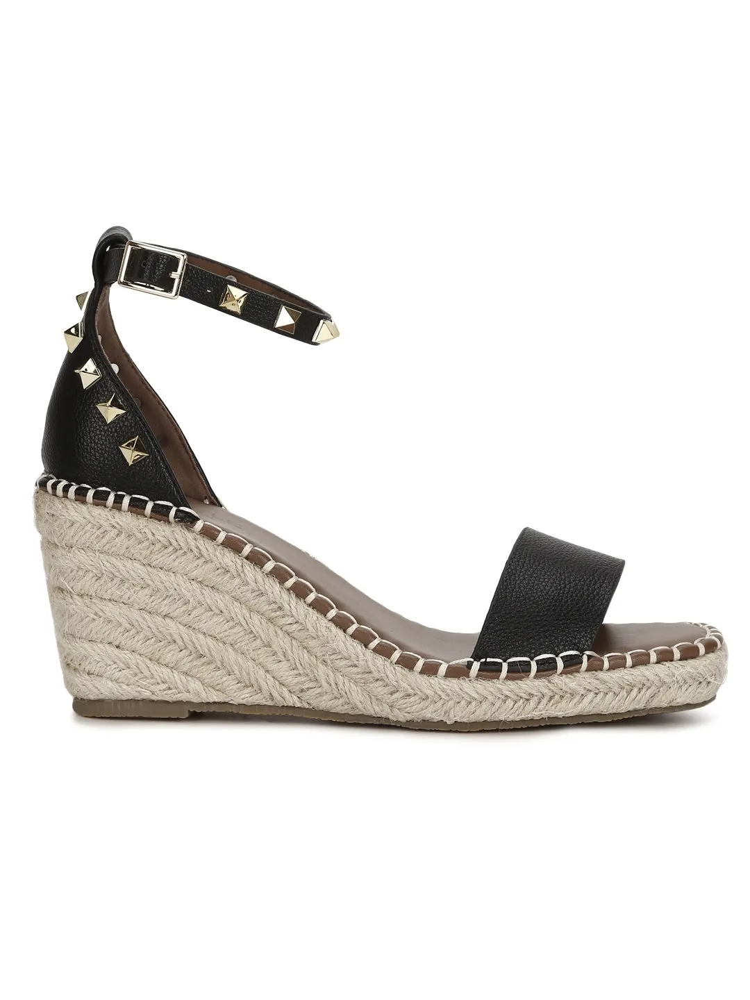 Black Pu Straped Jute Wedges