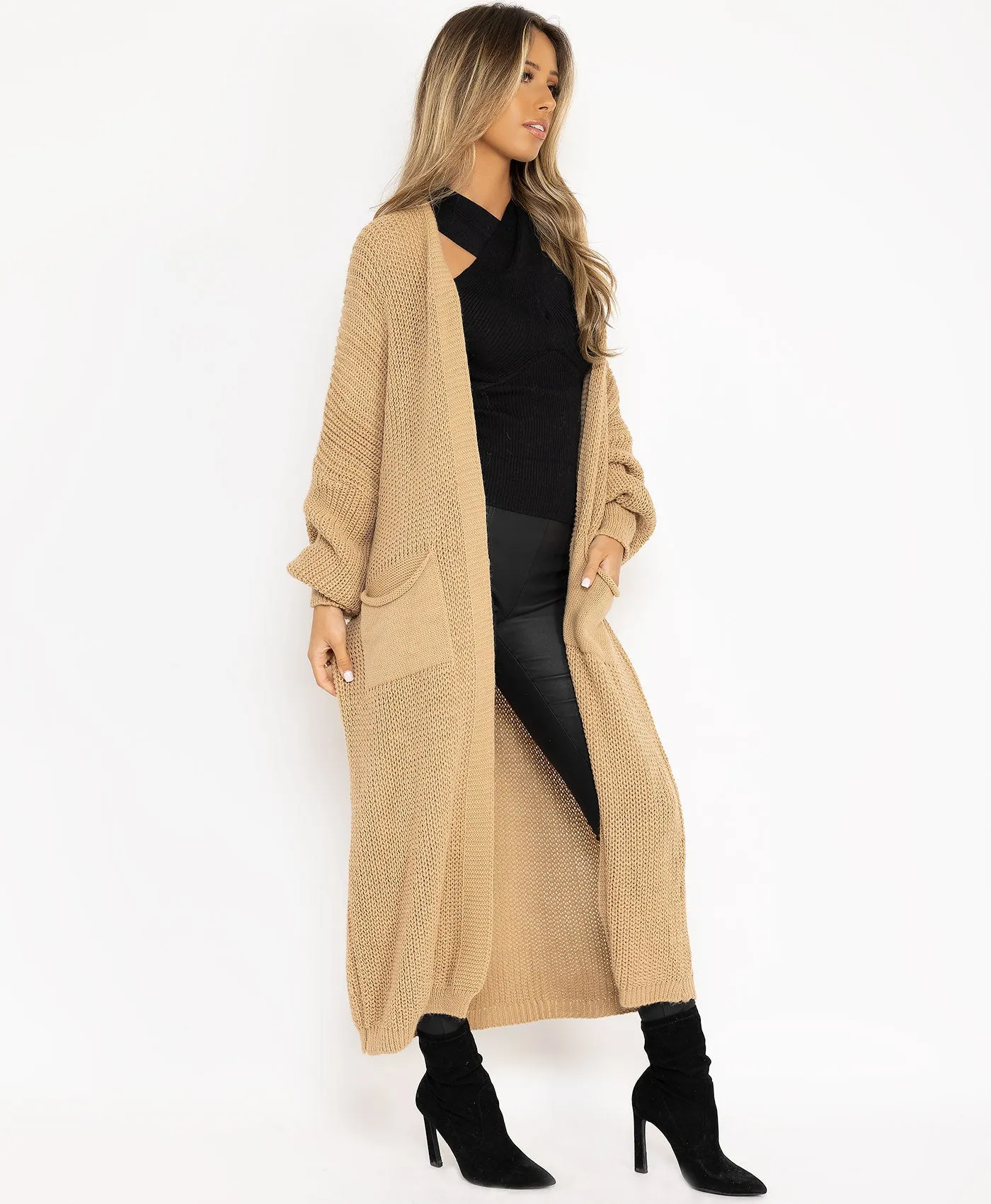 Camel Oversize Baloon Sleeve Open Long Cardigan