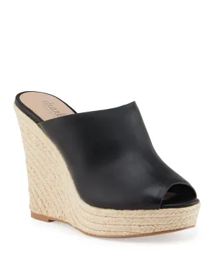 Charles by Charles David Andes Leather Wedge Espadrilles Black Leather Peep Toe (6, BLACK-SM)