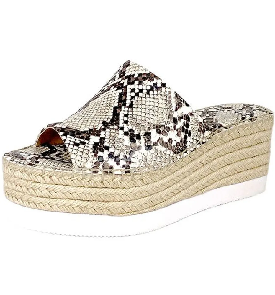 Charles David Sporty Espadrille Wedges OFF WHITE Snake Platform Open Toe Mules