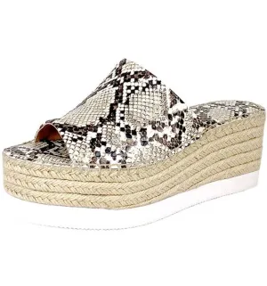 Charles David Sporty Espadrille Wedges OFF WHITE Snake Platform Open Toe Mules