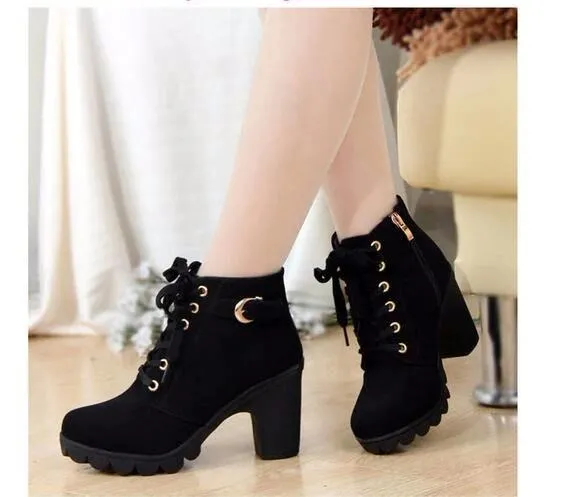 Chunky heel combat boots lace-up ankle boots fashion combat boots for women