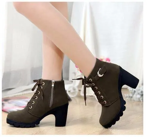 Chunky heel combat boots lace-up ankle boots fashion combat boots for women