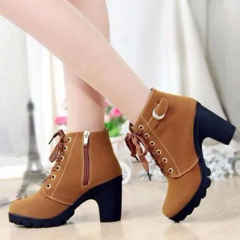 Chunky heel combat boots lace-up ankle boots fashion combat boots for women