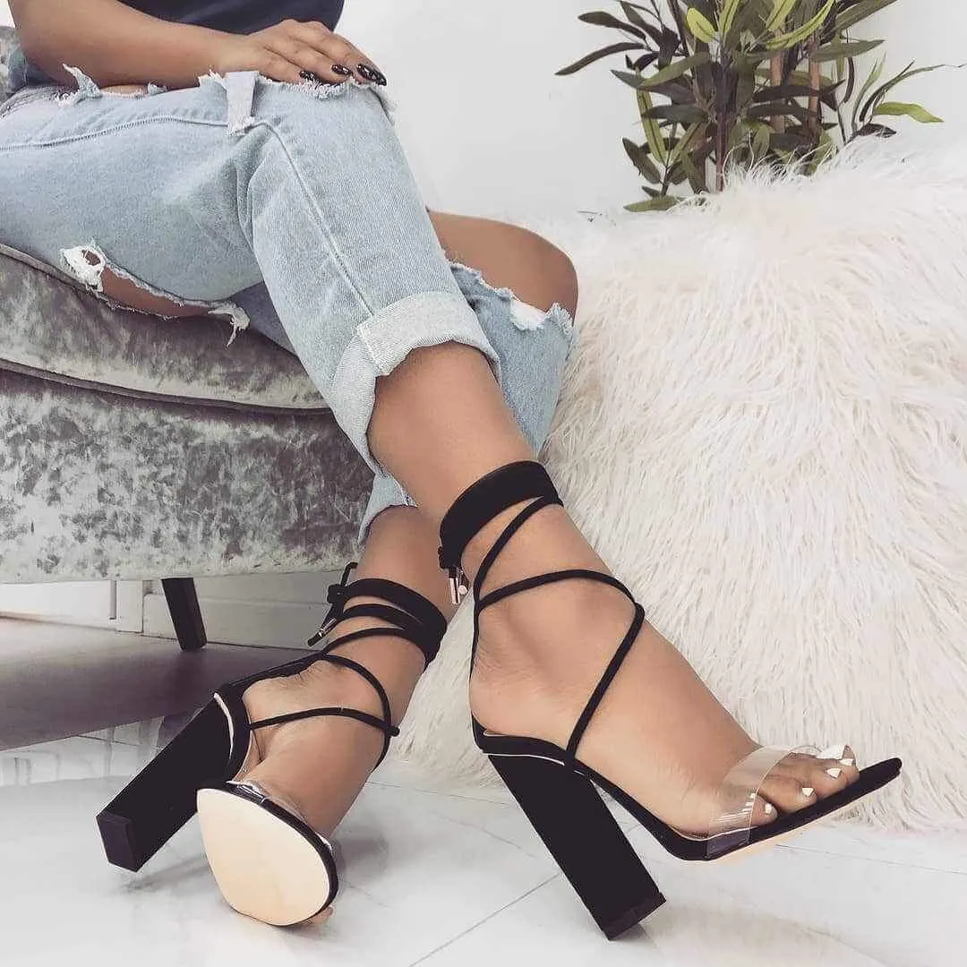 Clear High Chunky Heel Strappy Sandal