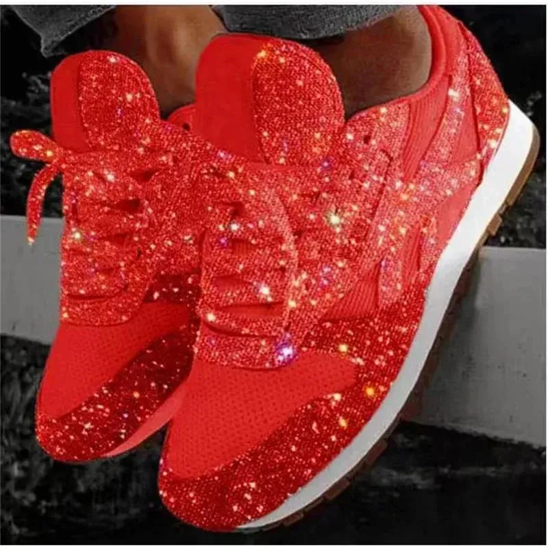 Dazzling Glitter Mesh Sneakers – Women's Breathable Bling Sport Shoes, Comfort Lace-Up Casual Running Shoes for Spring & Summer