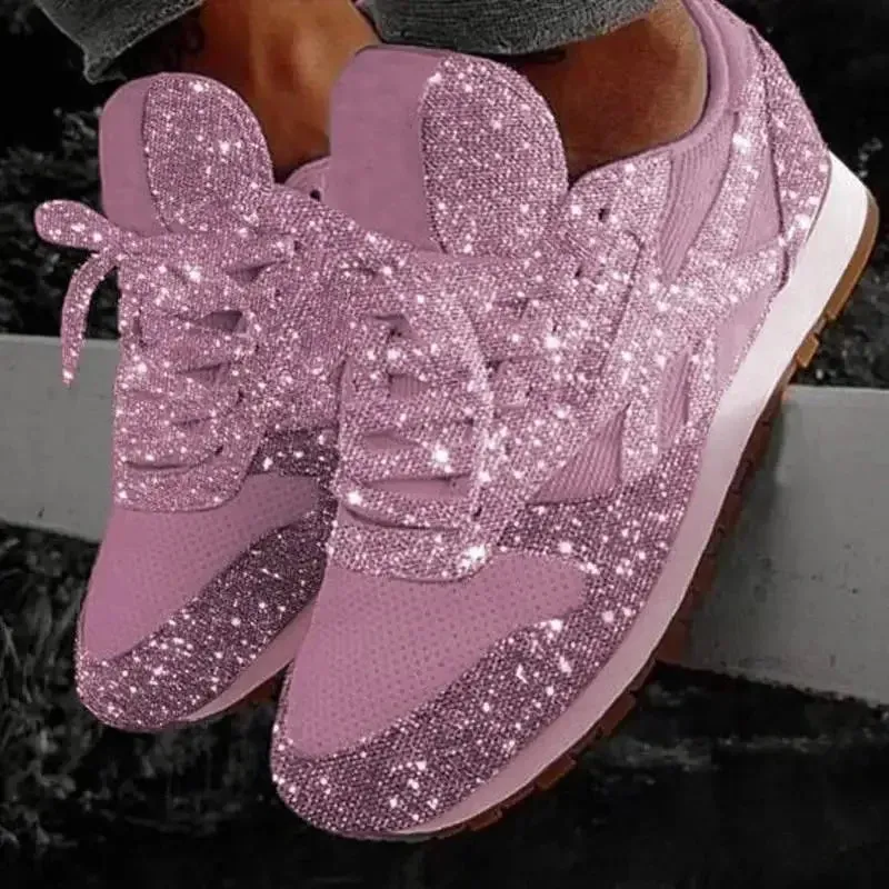 Dazzling Glitter Mesh Sneakers – Women's Breathable Bling Sport Shoes, Comfort Lace-Up Casual Running Shoes for Spring & Summer