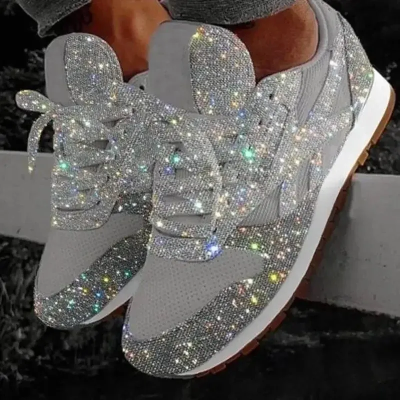 Dazzling Glitter Mesh Sneakers – Women's Breathable Bling Sport Shoes, Comfort Lace-Up Casual Running Shoes for Spring & Summer