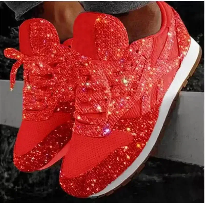 Dazzling Glitter Mesh Sneakers – Women's Breathable Bling Sport Shoes, Comfort Lace-Up Casual Running Shoes for Spring & Summer