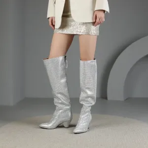 EM Luxury Bling  Crystal Knee High Chunky Boots