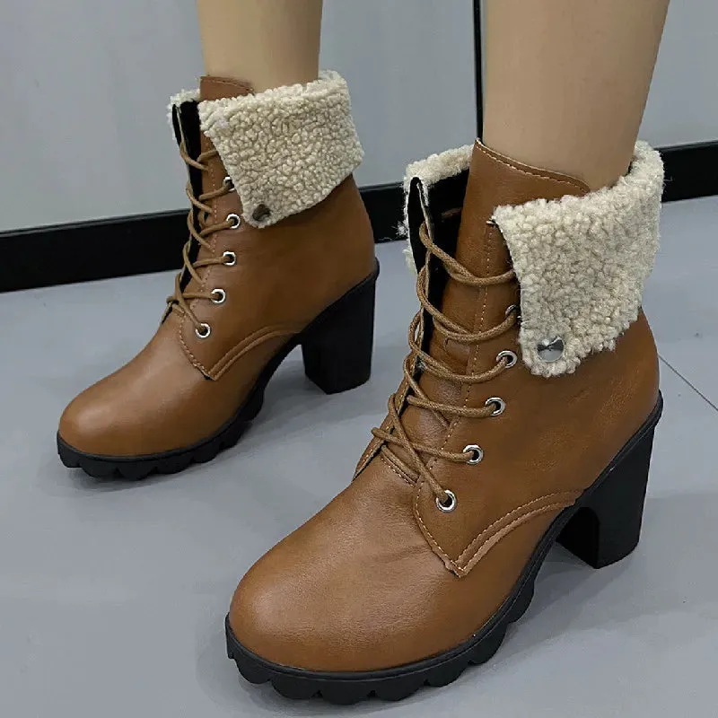 Fashion Solid Platform Chunky Heel Lace Up Classic Snow Boot