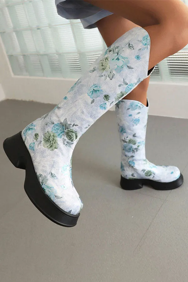 Floral Print Pretty Chunky Boots