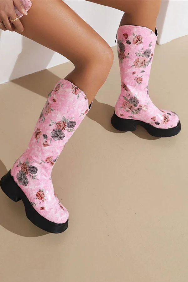 Floral Print Pretty Chunky Boots