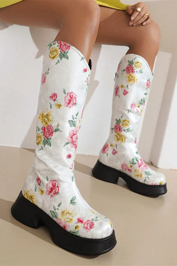 Floral Print Pretty Chunky Boots