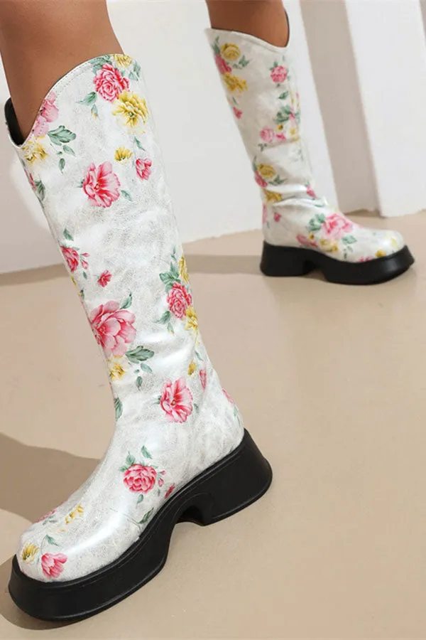 Floral Print Pretty Chunky Boots