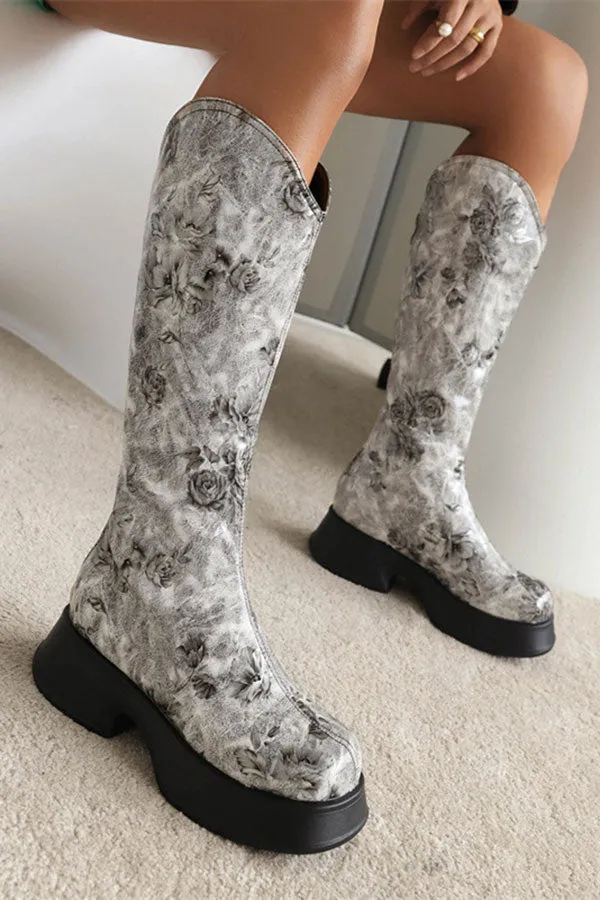 Floral Print Pretty Chunky Boots