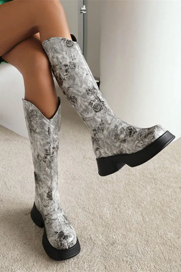 Floral Print Pretty Chunky Boots