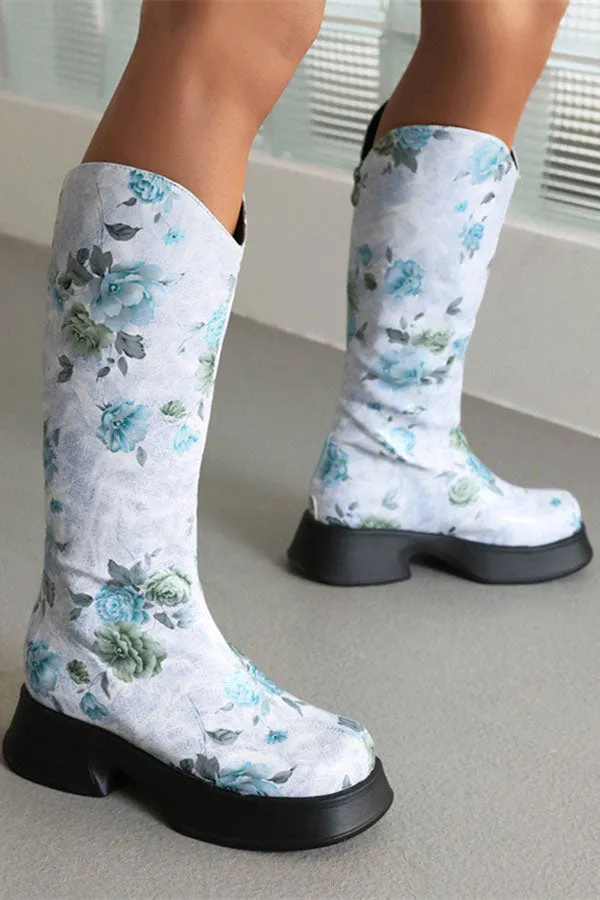 Floral Print Pretty Chunky Boots