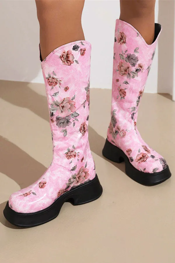 Floral Print Pretty Chunky Boots