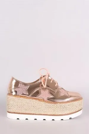 Glitter Stars Lace Up Espadrille Oxford Flatform Wedge