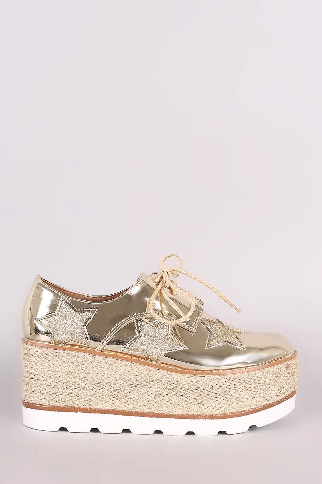 Glitter Stars Lace Up Espadrille Oxford Flatform Wedge