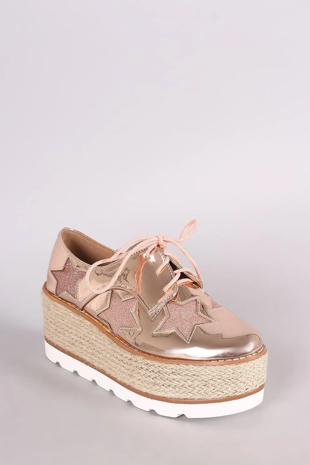 Glitter Stars Lace Up Espadrille Oxford Flatform Wedge