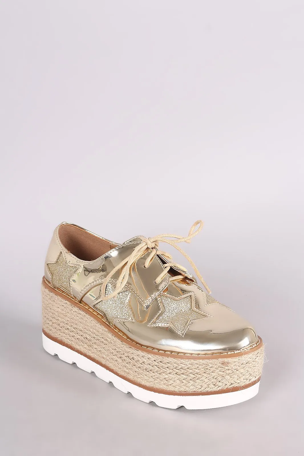 Glitter Stars Lace Up Espadrille Oxford Flatform Wedge