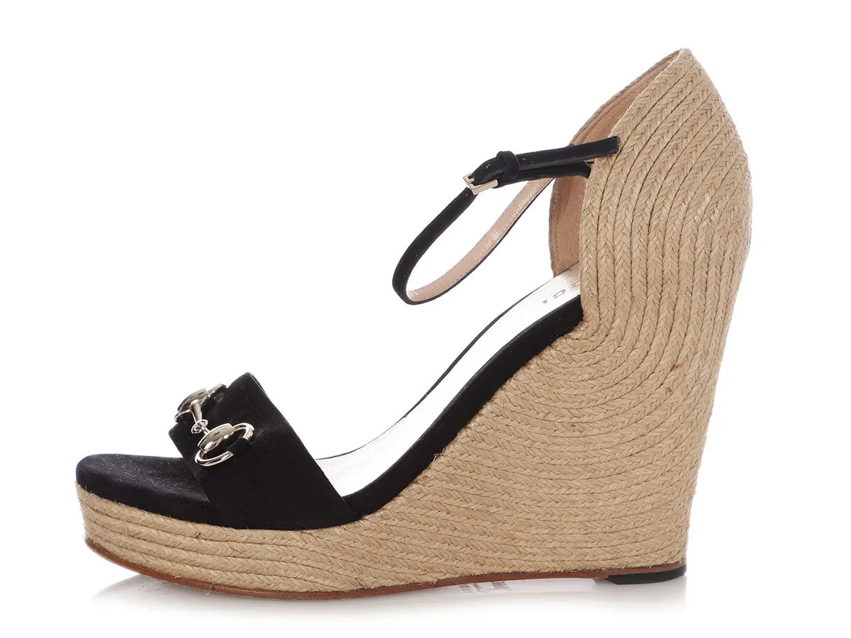 Gucci Black Suede and Jute Carolina Platform Espadrille Wedges