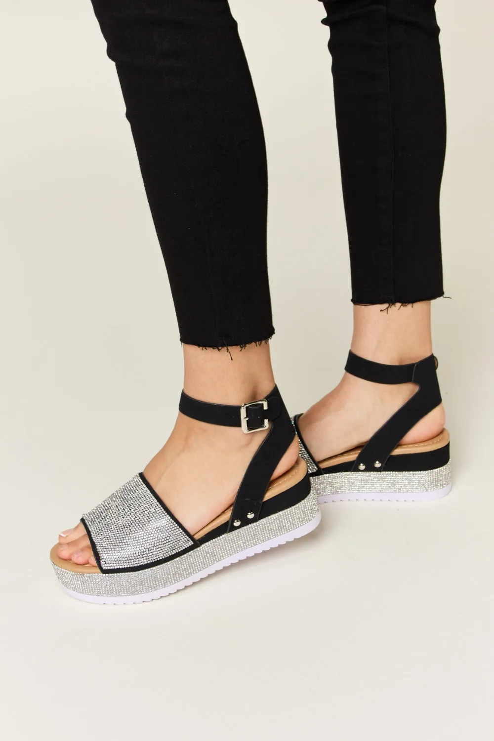 Hazel Blues® |  Forever Link Rhinestone Buckle Strappy Wedge Sandals