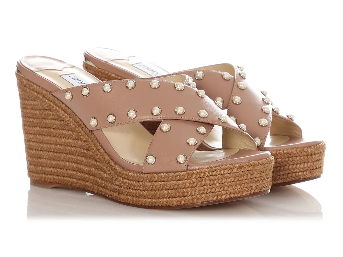 Jimmy Choo Ballet Pink Pearl Stud Jute Wedges