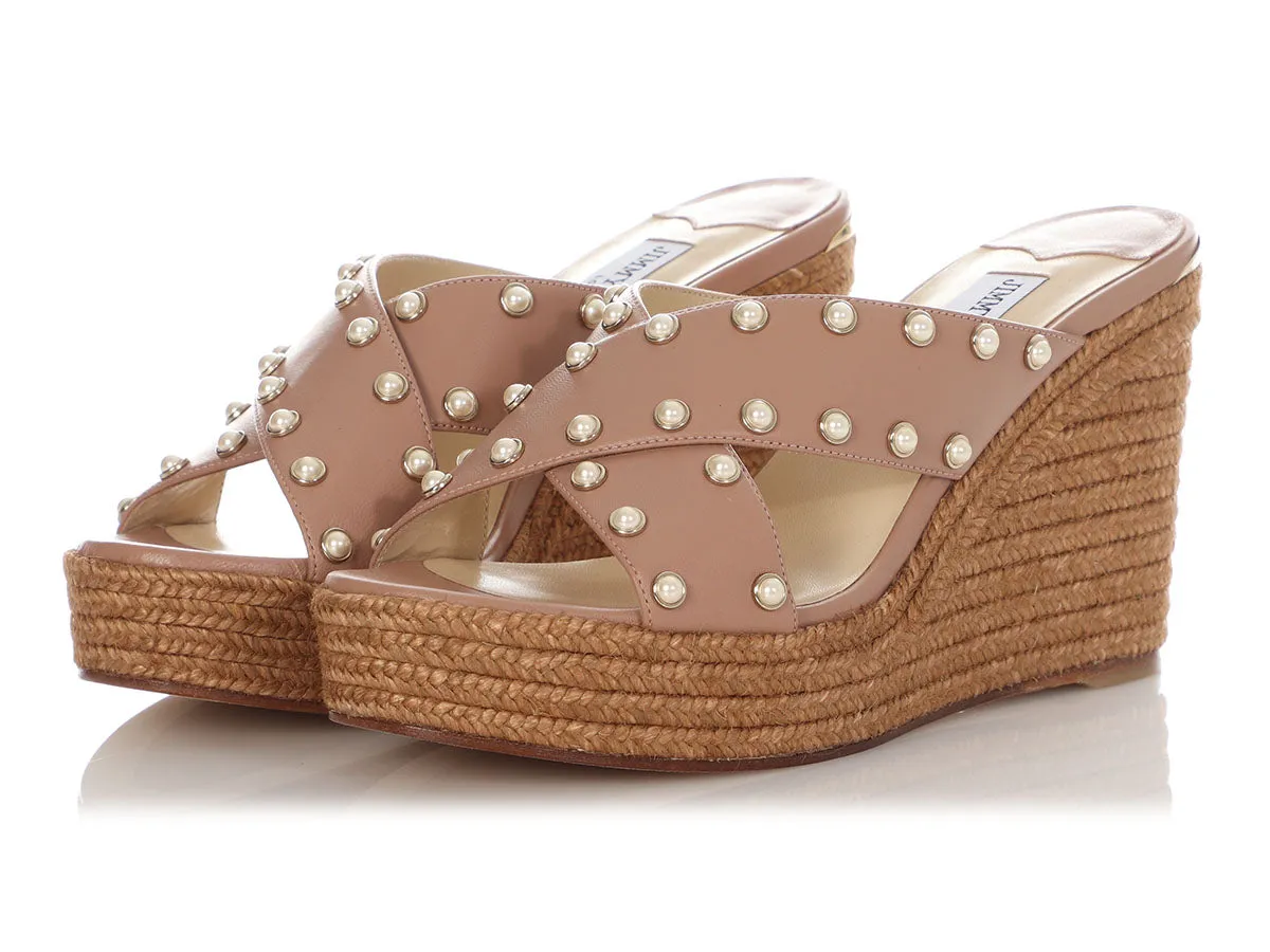 Jimmy Choo Ballet Pink Pearl Stud Jute Wedges