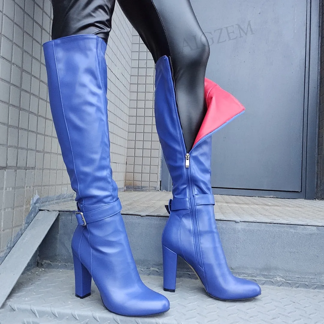 Knee High Boots Zip Up Chunky Heels