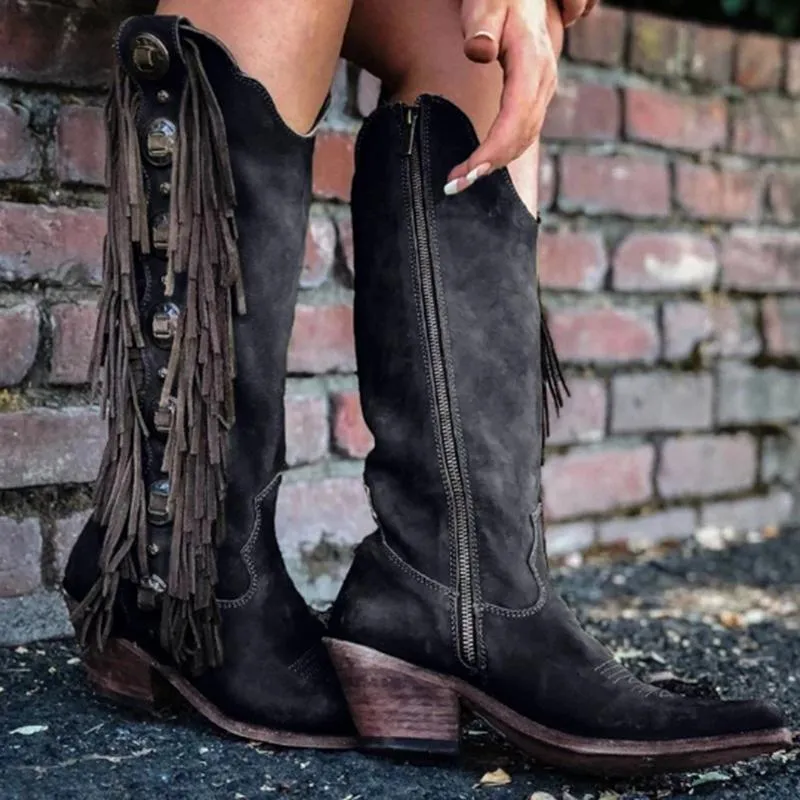 Knee high fringed cowboy boots retro western boots for women vintage block heel boots