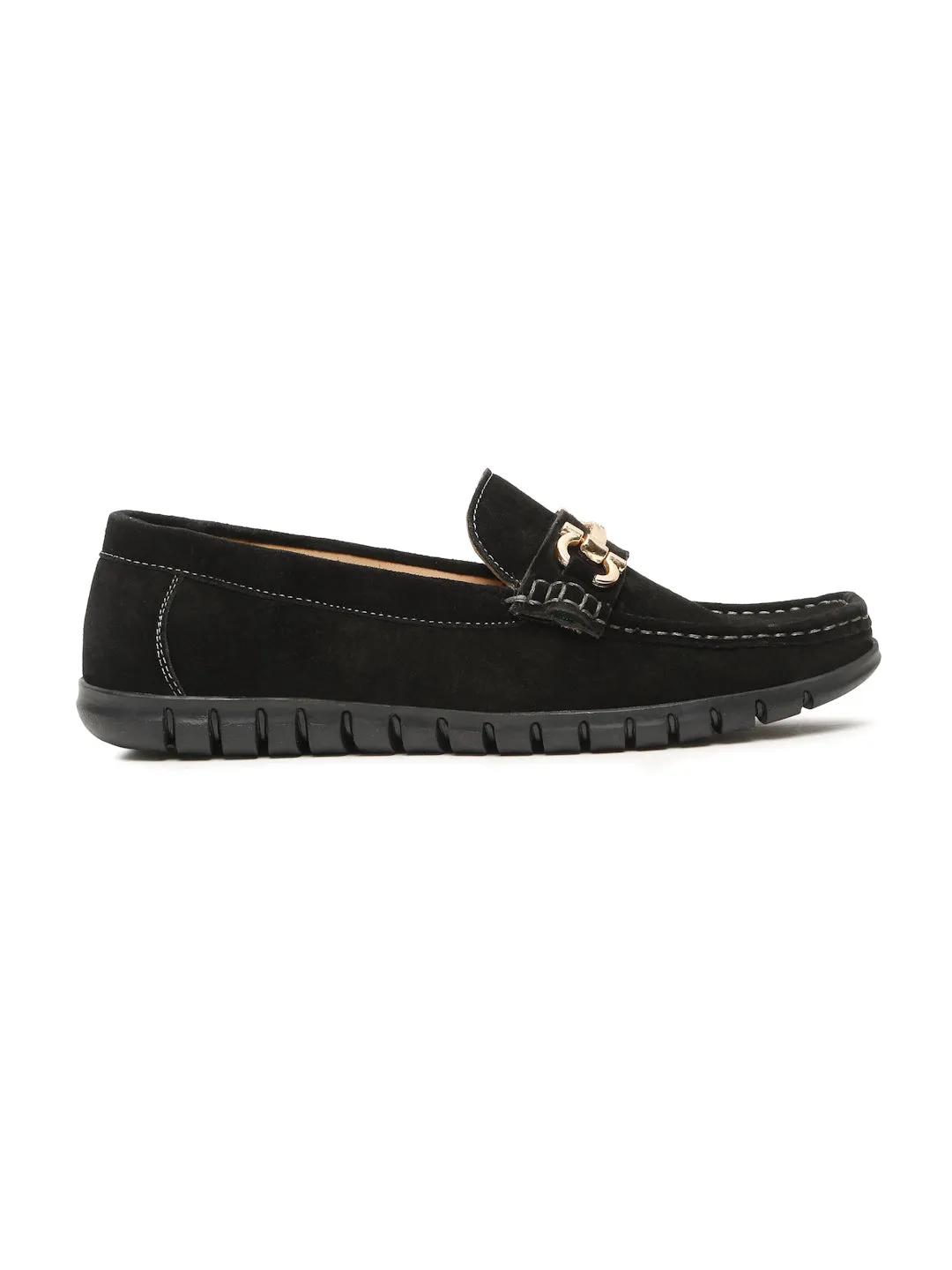 Men's Black Suede Leather Loafers With Golden Buckle