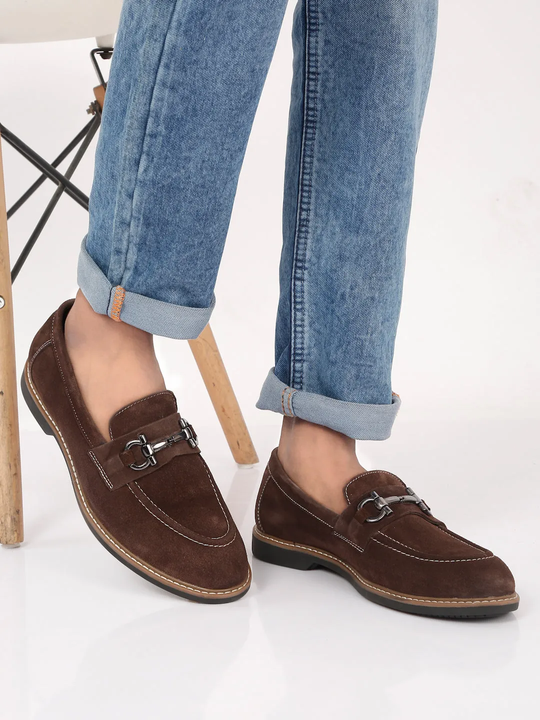 Men's Brown Suede Leather Loafers With Antique Silver Buckle