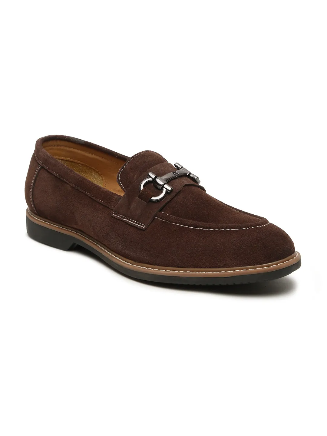 Men's Brown Suede Leather Loafers With Antique Silver Buckle