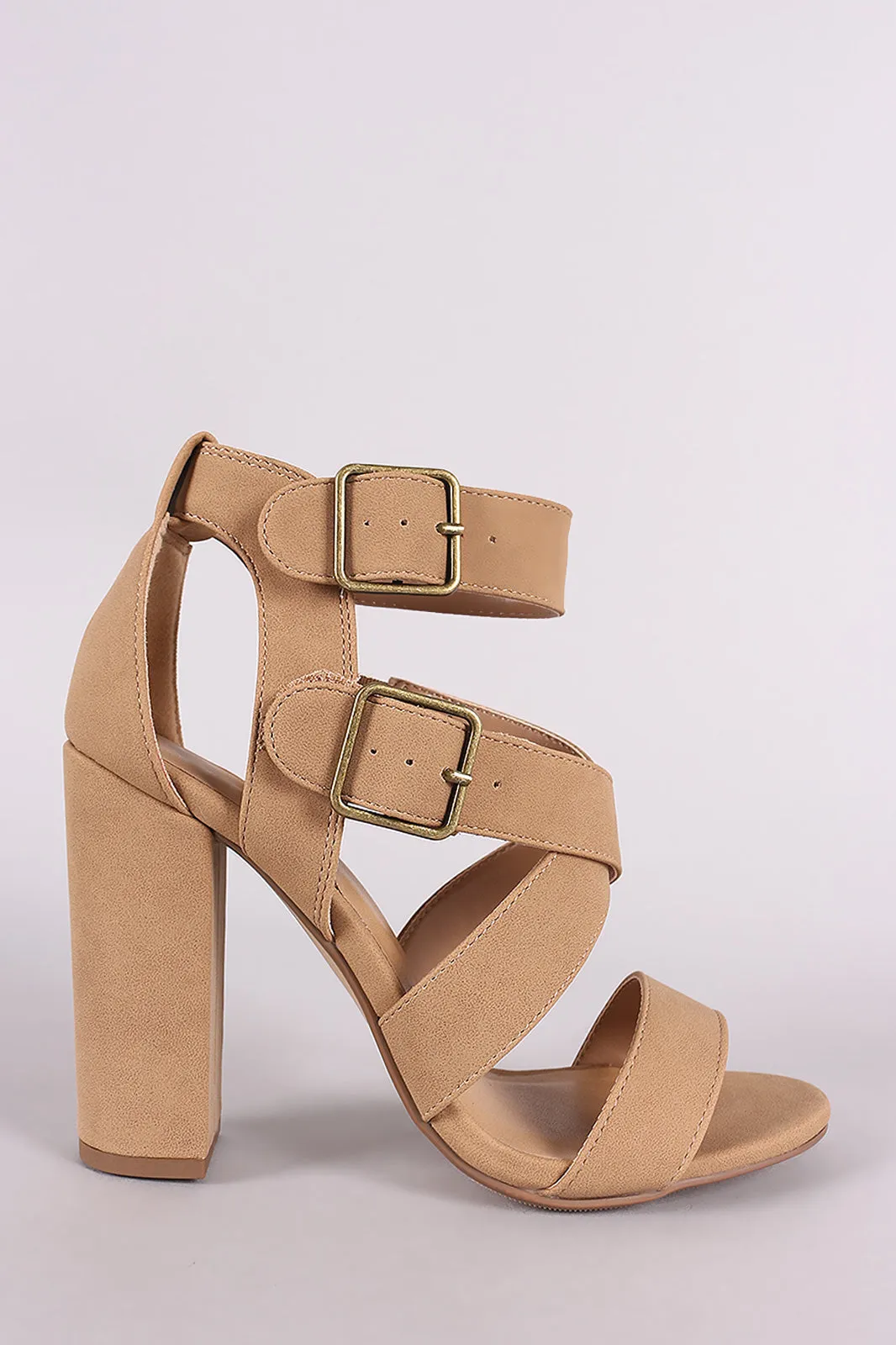 Nubuck Open Toe Strappy Buckled Chunky Heel