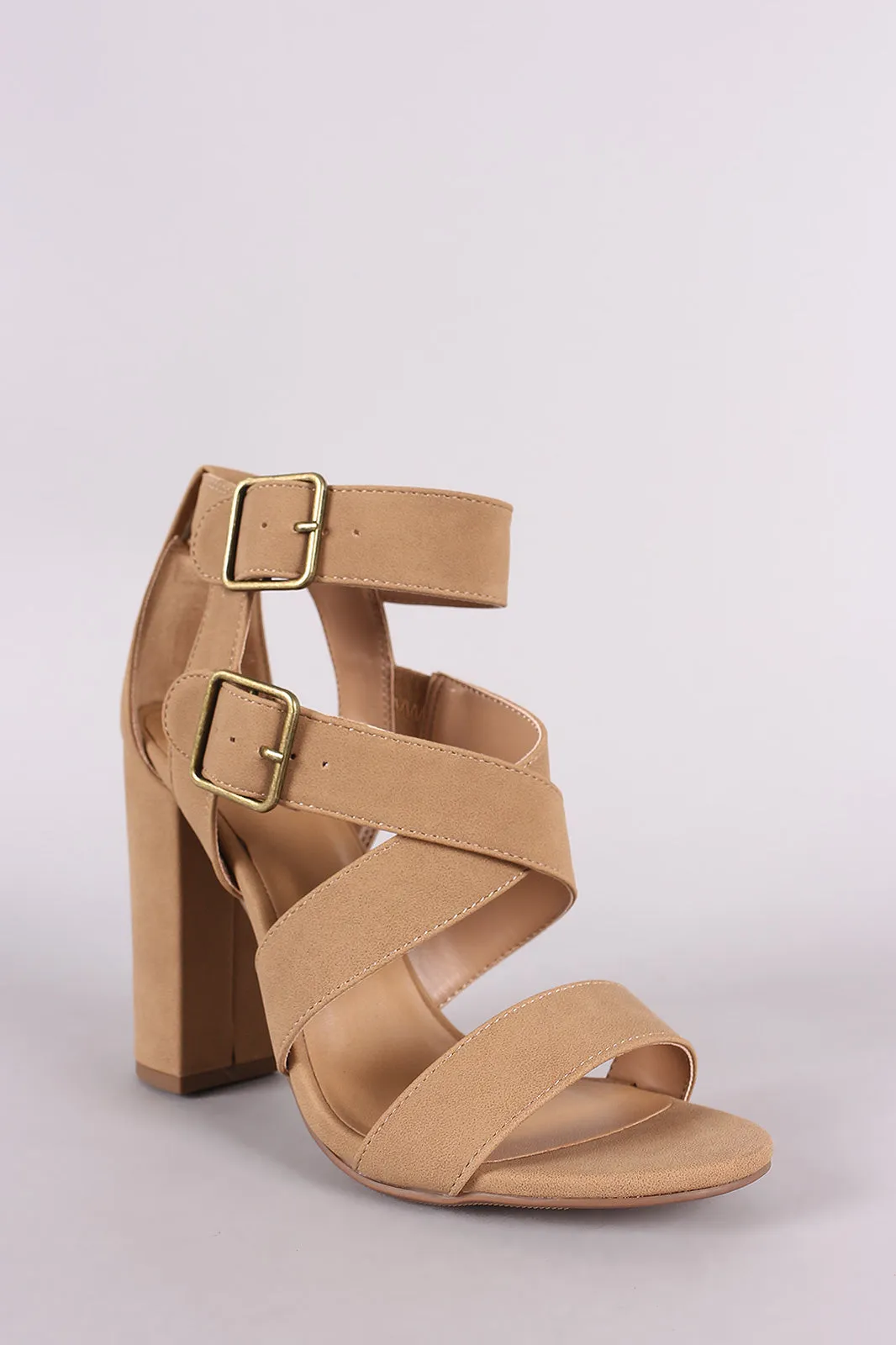 Nubuck Open Toe Strappy Buckled Chunky Heel