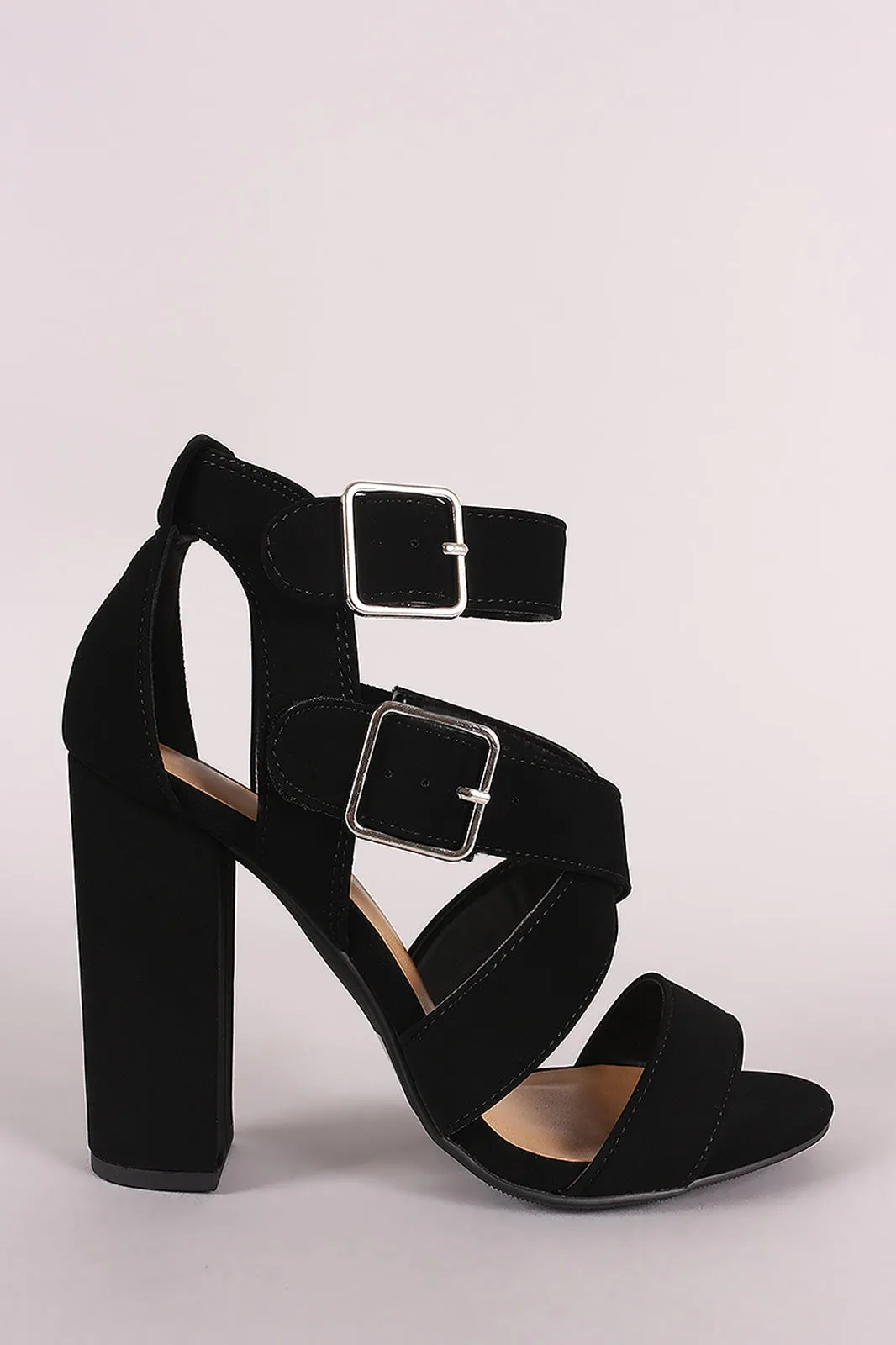 Nubuck Open Toe Strappy Buckled Chunky Heel