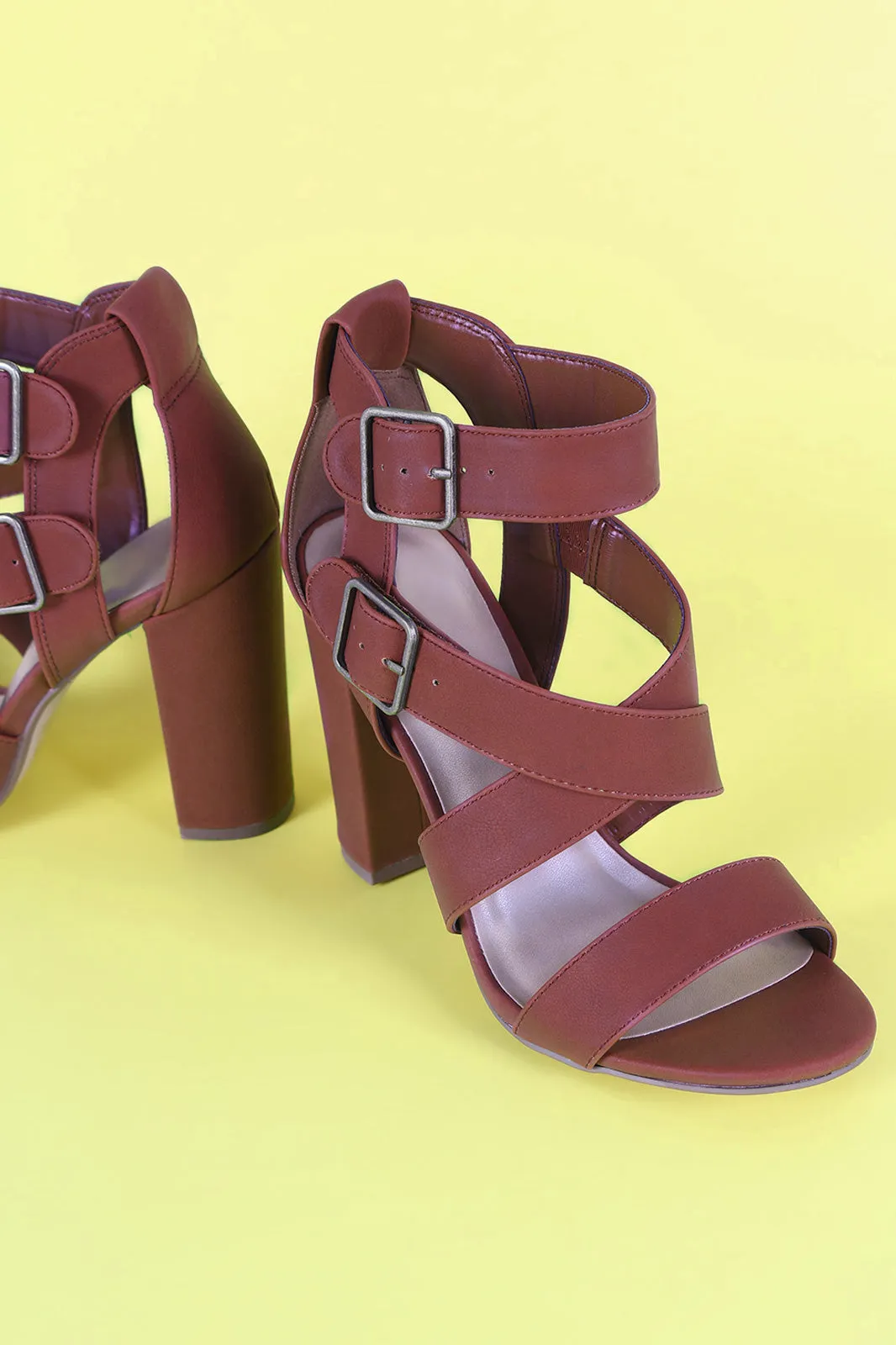 Nubuck Open Toe Strappy Buckled Chunky Heel