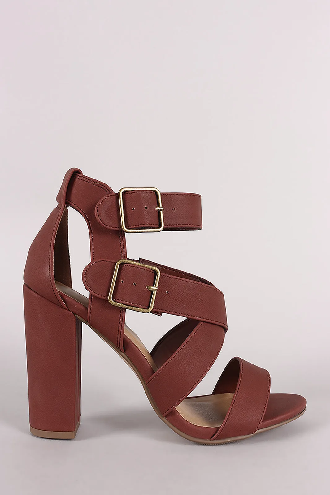 Nubuck Open Toe Strappy Buckled Chunky Heel