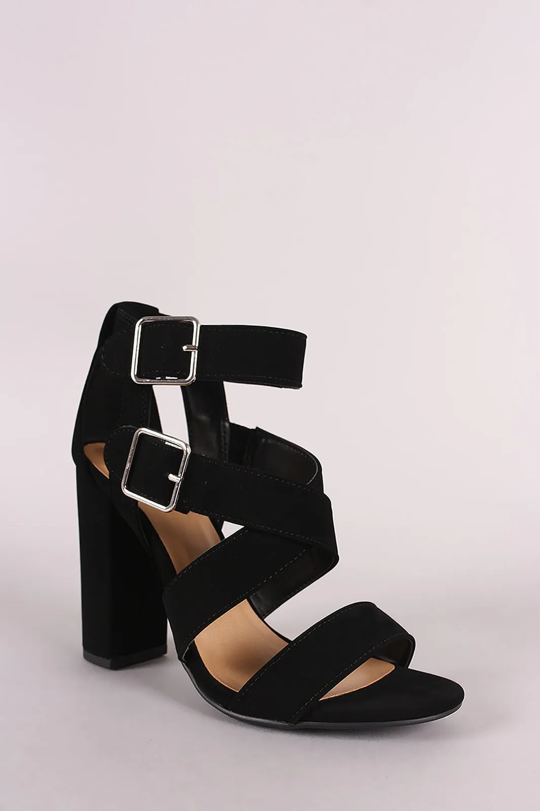 Nubuck Open Toe Strappy Buckled Chunky Heel