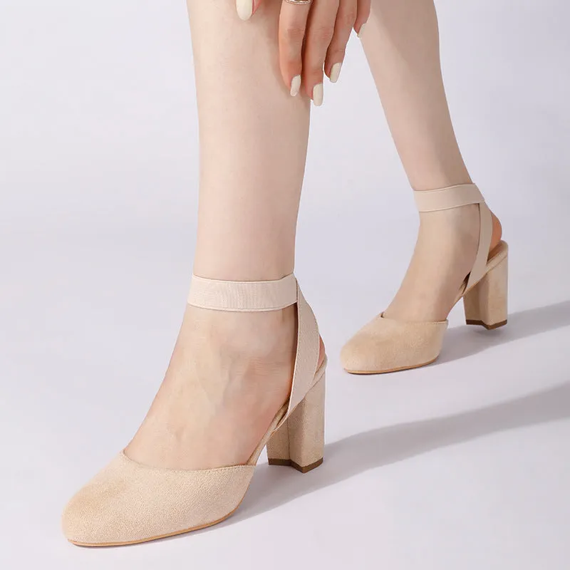 Nude Strappy Block Heels Women's Spring Chunky Heels